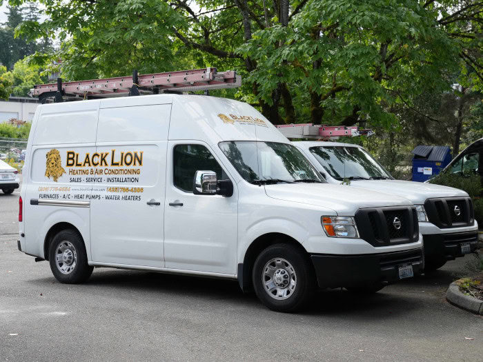 Black Lion HVAC branded work truck sitting in parking lot outside of warehouse.