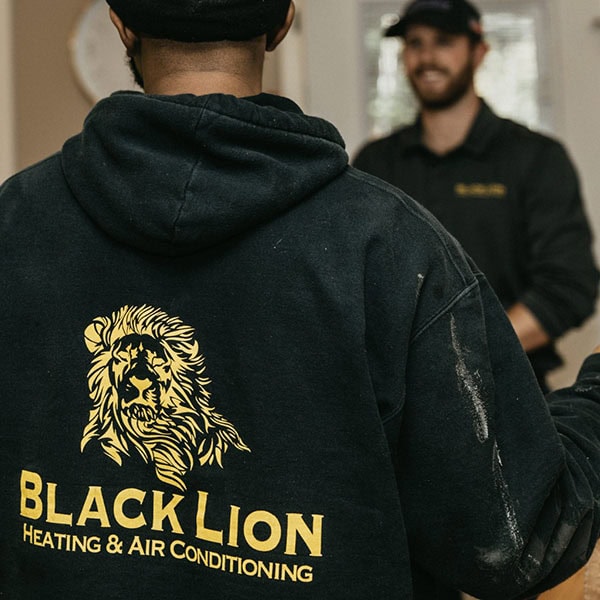 Back of a Black Lion Heating, Air Conditioning, & Electrical technician.