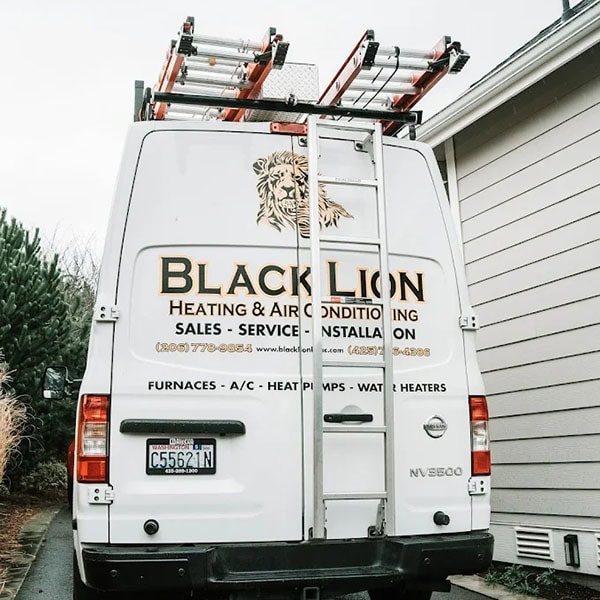 Back of the Black Lion Heating, Air Conditioning, & Electrical company truck.